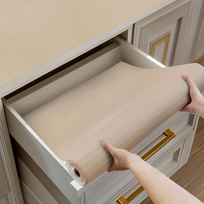 Shelf and Drawer Liner for Kitchen Cabinets Non-Adhesive, Strong Grip Non-Slip Thickened Cabinet Liners for Shelves, Waterproof Mats for Dresser Cupboard, Khaki, 23 in x 10 Feet by Shinlendid