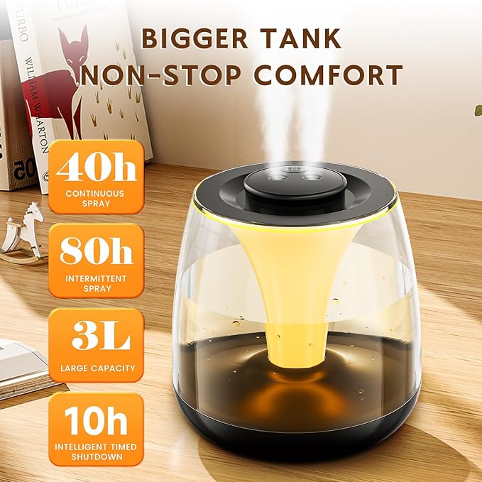 Humidifiers for Bedroom, 3 L Cool Mist Top-Fill 40H Super Long Time, 23dB Quiet, Baby Humidifier, Oil Diffuser for Large Room, Plants, Nursery, Office, 7 Color Light Ultrasonic (black) - Image 3