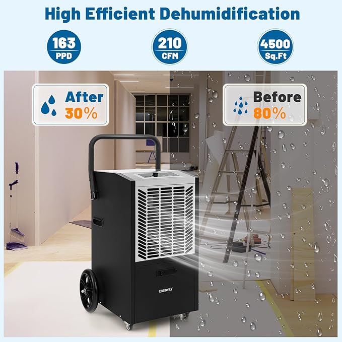 COSTWAY 163 Pints Commercial Dehumidifier, 4500 Sq.Ft Crawl Space Dehumidifier with Pump & Drain Hose, 24H Timer, for Basement, Warehouse, Job Site (White) - Image 3