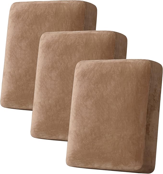 H.VERSAILTEX Velvet Stretch Couch Cushion Cover Plush Cushion Slipcover for Chair Loveseat Sofa Cushion Furniture Protector Seat Cushion Sofa Cover (3 Piece Sofa Cushion Covers, Camel) by HVERSAILTEX