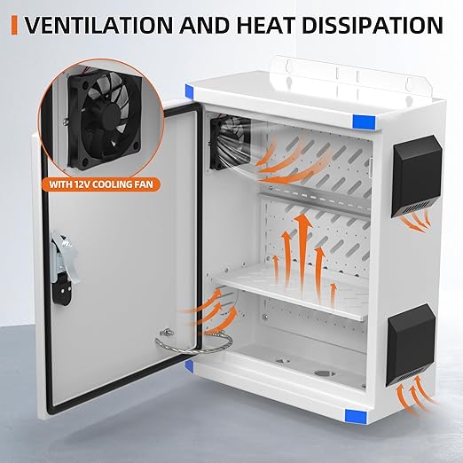 Joinfworld Outdoor Electrical Box 19.7"x15.7"x7.9" Metal Waterproof Vented Nema Enclosure with 12V Fan, Stainless Steel Junction Box with Cold Rolled Steel Plate Hinge Connection Din Rail - Image 3