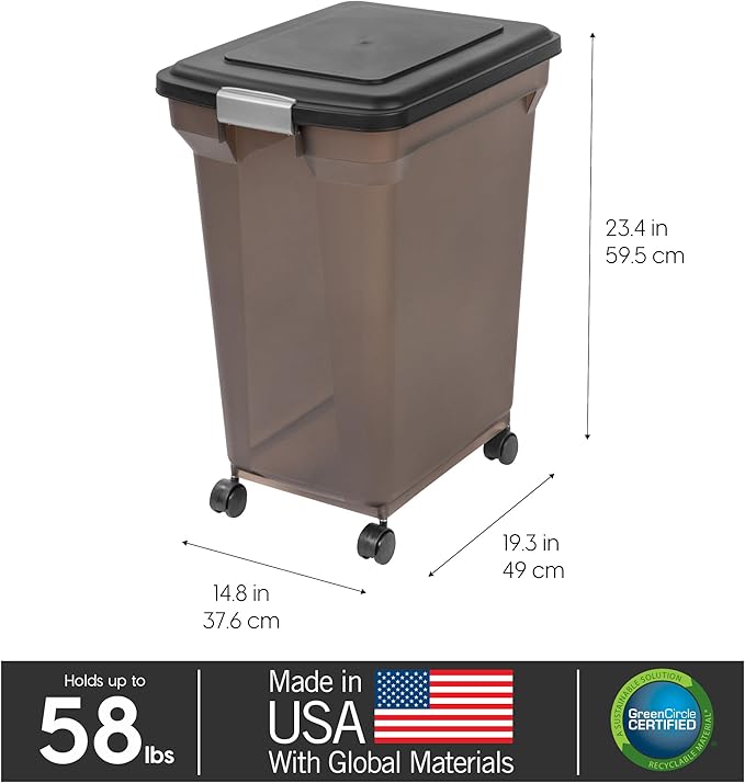 IRIS USA 58 Lbs / 67 Qt WeatherPro Airtight Pet Food Storage Container with Attachable Casters, For Dog Cat Bird and Other Pet Food Storage Bin, Keep Fresh, Easy Mobility, BPA Free, Smoke - Image 3