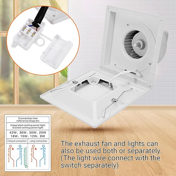 FEITON Square Bathroom Exhaust Fan with LED Light, Adjustable Color Temperature(3000K/4500K/6000K), 110 CFM 30W 4 Inch Duct, 110-220V 1.0 Sones Quiet Bathroom Ventilation Fan Light Combo Ceiling Mount - Image 6