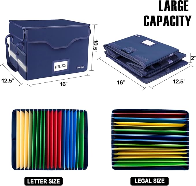 DocSafe Fireproof Document Box with Lock, File Storage Organizer with Mesh Pockets, Collapsible Portable File Box Home Office Safe Filing Cabinet with Handle for Hanging Letter/Legal Folder, Blue - Image 5