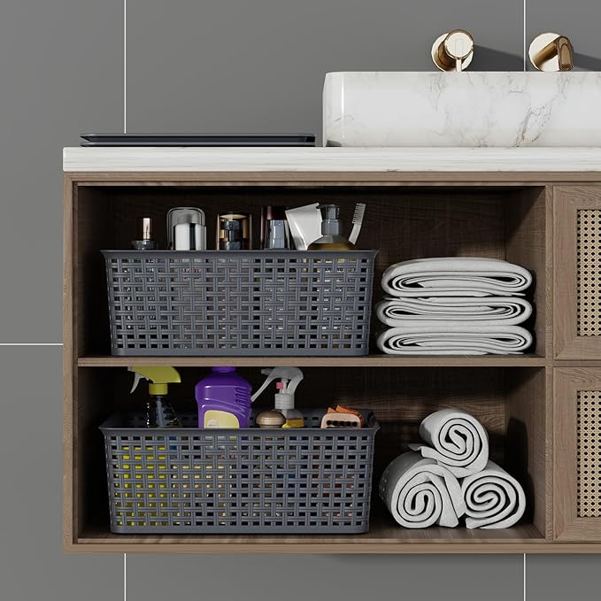 13 Quart Plastic Storage Baskets with Lid, Weave Organizing Bins, Gray, 6 Packs - Image 7