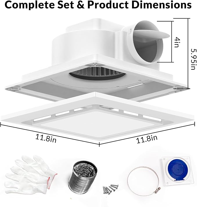 TEPU Bathroom Exhaust Fan with Light 144 CFM, 11.8In Grille, Cutout Size 9.8" x 9.8", Duct 4 Inch, 1.0 Sone Quiet Bath Ceiling Vent Fan Combo with 6500K 1200LM LED Light, for Bathroom, Laundry, Shower - Image 7