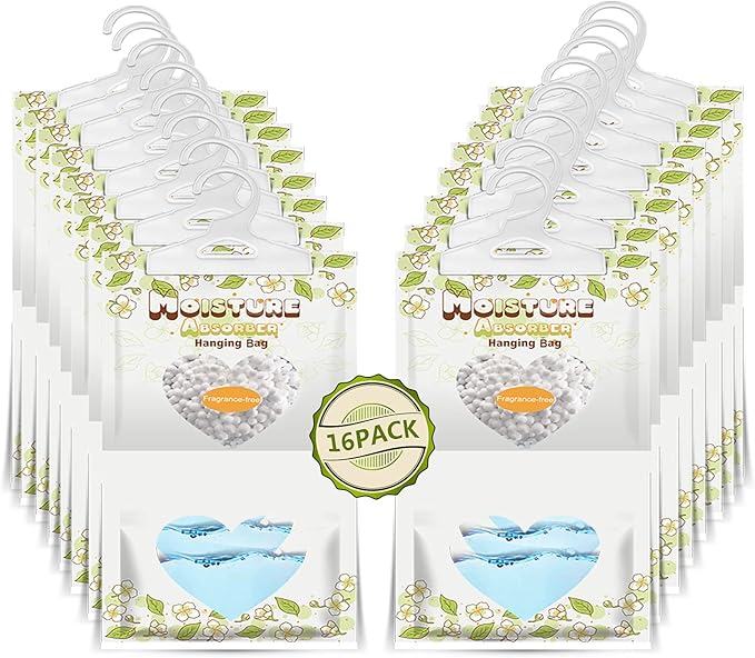 16 Pack Moisture Absorber Hanging Bags,220g/Pack Fagrance Free Moisture Bag,Hanging Closet Dehumidifier Bags for Basement Closet Storeroom by ZSPENG