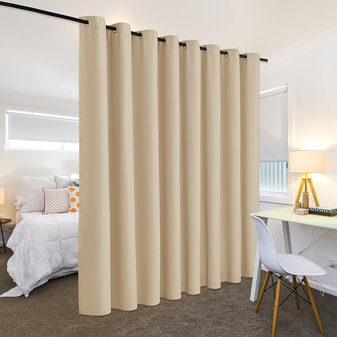 RYB HOME Decor Freestanding Office Partition Wall Divider, Contemporary Blackout Curtain Panel Anti-Rust Grommet Top for Home Theatre/Bedroom/Storage, 8 ft Tall x 15 ft Wide, Cream Beige, 1 Piece - Image 3