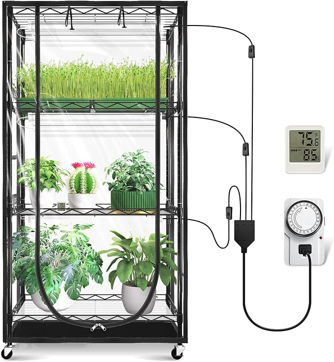JESLED Indoor Greenhouse with Grow Light - Full Spectrum 5000K LED for Seed Starting, Tiered Lighting Control, Built-in Timer & Thermo-Hygrometer, Rolling Metal Plant Stand (23.6x13.8x59 in) by JESLED