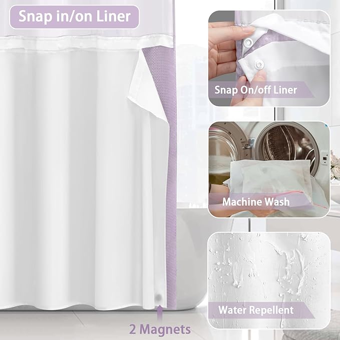 No Hook Shower Curtain and Liner Set,Lavender Hotel Waffle Shower Curtain with Liner 75" L x 72" W - Image 4