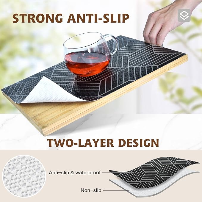 Shelf Liners for Kitchen Cabinets 17.3in x 20FT, Non Adhesive Cabinet Liner Strong Non-Slip Black and Silver Geometric Drawer Liner, Easy to Clean for Cabinet with Knife and Tape Measure - Image 2