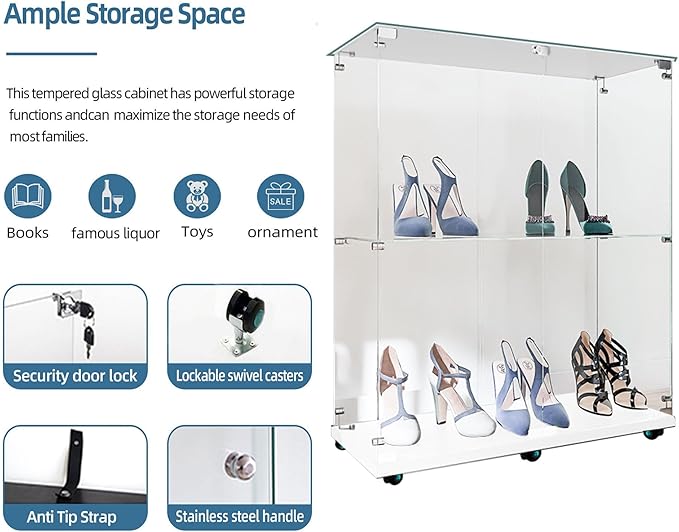 Yoluckea 2-Tier Glass Display Cabinet with Bluetooth LED Light Strip, 2-Door Floor Standing Curio Cabinet with Universal Wheel for Home, White Glass Bookshelf for Collections, Clear Top - Image 4