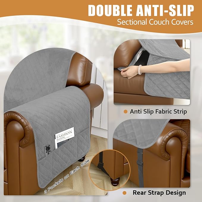 Arfntevss Waterproof Sectional Couch Covers L Shape Washable Velvet Sofa Cover for Sectional Non Slip Large Corner Slipcovers Dog 6 Pcs Universal U Shaped Furniture Protector (Silvery Gray, X-Large) - Image 4
