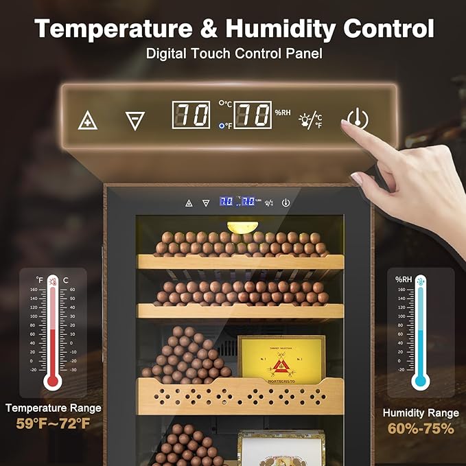 Electric Cooler Cabinet 70L with Temperature and Humidity Control, Leather Finish, Spanish Cedar Wood Shelves and Safety Lock (500 Counts Capacity), Gift for Men - Image 3