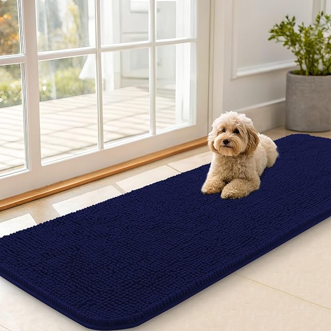 OLANLY Dog Door Mat for Muddy Paws 59x20, Absorbs Moisture and Dirt, Absorbent Non-Slip Washable Doormat, Quick Dry Chenille Mud Mat for Dogs, Entry Indoor Entryway Carpet for Inside Floor, Navy Blue by OLANLY