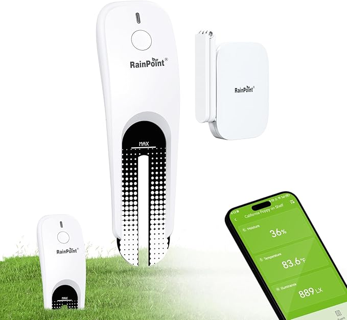 RainPoint 3-in-1 APP Remote Monitoring WiFi Soil Meter for Plant Indoor,IP66 Waterproof Outdoor Wireless Sensor Low/High Temperature Sunlight Moisture Alert Smart Garden Watering System Compatible by RainPoint