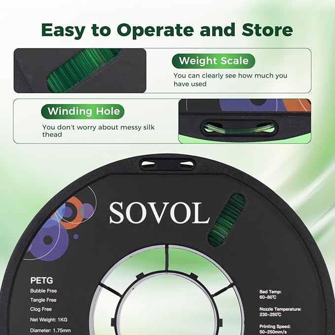 Sovol 3D Printer PETG Filament 1.75mm, Gradient Multicolors Filaments Material, 1kg (2.2lbs), Dimensional Accuracy +/- 0.03 mm, Fit Most FDM Printer, Green - Image 7