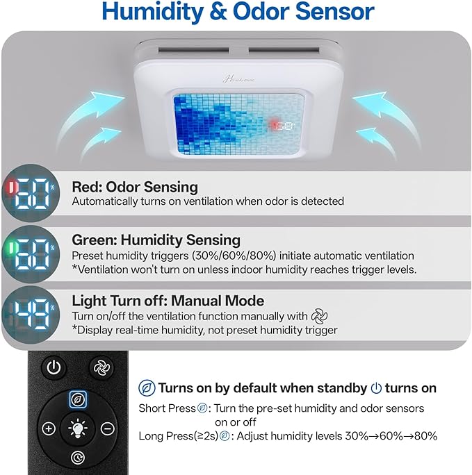 Bathroom Exhaust Fan with Light Humidity Sensor, Bathroom Fan with Odor & Humidity Sensor, 230 CFM 1.0 Sone Venlitation Fan with 3CCT LED Light 7 LED Color, Remote Control Easy Install - Image 3