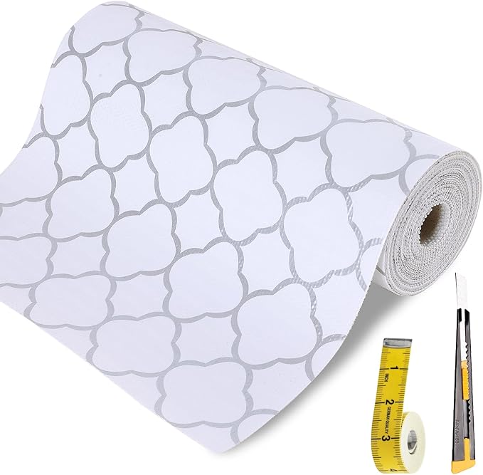 Shelf Liners for Kitchen Cabinets 23.6in x 20FT Non Adhesive Drawer Liner Silver Quatrefoil Shelf Liner Paper Strong Non-Slip Easy to Clean for Tool Box Refrigerator with Knife and Tape Measure - Image 8