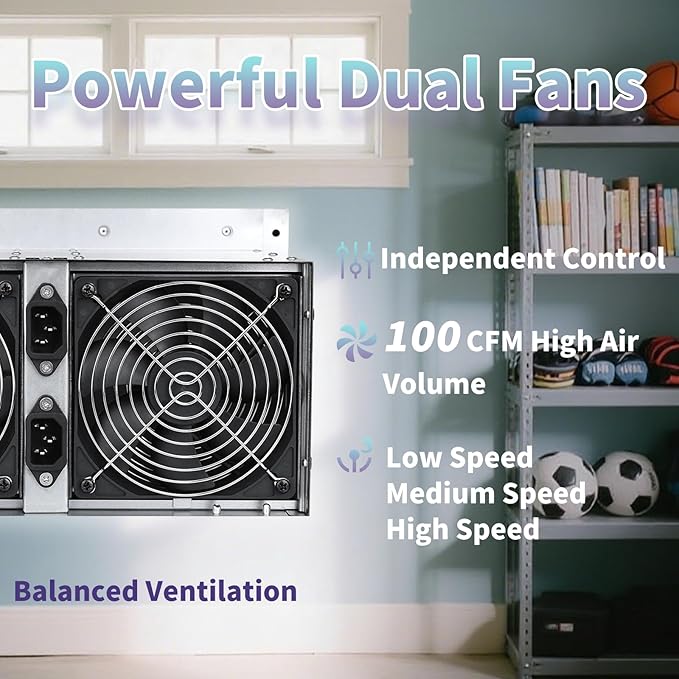 Reversible Basement Ventilation Fan with Dual 100 CFM Fans, Independent Speed Control, Smart Humidity & Timer Modes, Real-Time Display, Fresh Air Supply & Exhaust for Basement, Storeroom, Wine Cellar - Image 2