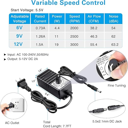GDSTIME 140mm x 40mm Variable Speed Blower Fan, 110V 120V 220V AC Powered 5.5 inch Squirrel Cage Radial Centrifugal Fan with 5 to 12v DC Speed Control Dual Ball Bearing High Speed - Image 4