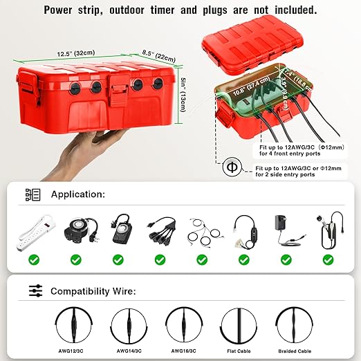 Flemoon Large Outdoor Electrical Box (12.5 x 8.5 x 5 inch), IP54 Waterproof Outdoor Extension Cord Cover Weatherproof, Protect Outlet, Plug, Socket, Timer, Power Strip, Holiday Light Decoration, Red - Image 2