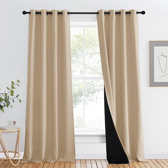 NICETOWN Living Room Completely Shaded Draperies, Privacy Protection & Noise Reducing Ring Top Drapes, Black Lined Insulated Window Treatment Curtain Panel (Biscotti Beige, 1 Piece, W46 x L90) by NICETOWN