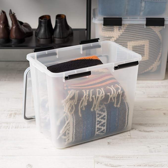 IRIS USA WeatherPro 32 Qt Storage Bins with Lids, 4 Pack, BPA-Free Plastic Gasket Box with Tight Latch and Seal, Stackable Nestable Tote Tub - Clear/Black - Image 5