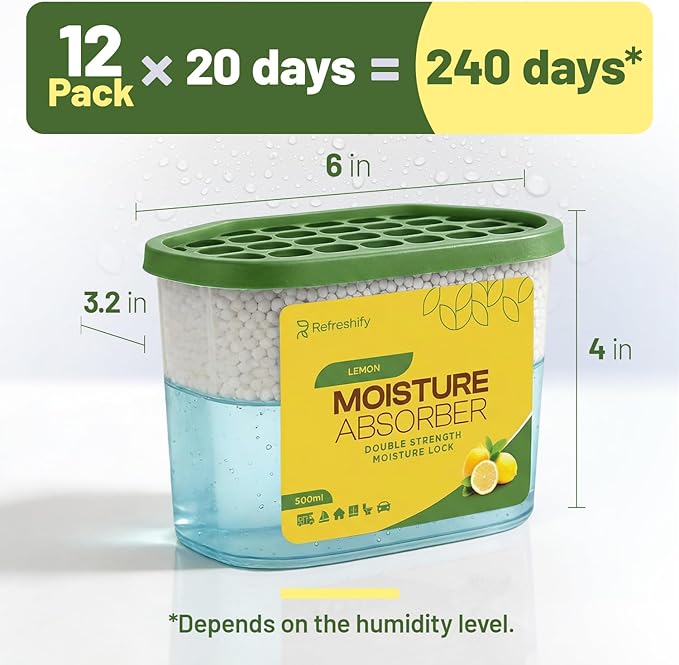 Premium Moisture Absorbers and Dehumidifier Tubs – High-Efficiency Closet Dehumidifier and Dehumidifier for Car, Odor Control Lemon Scent, 12 Pack, 7.5 Oz - Image 8