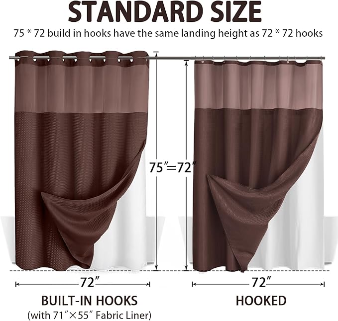 No Hook Shower Curtain and Liner Set,Brown Hotel Waffle Shower Curtain with Liner 75" L x 72" W - Image 6