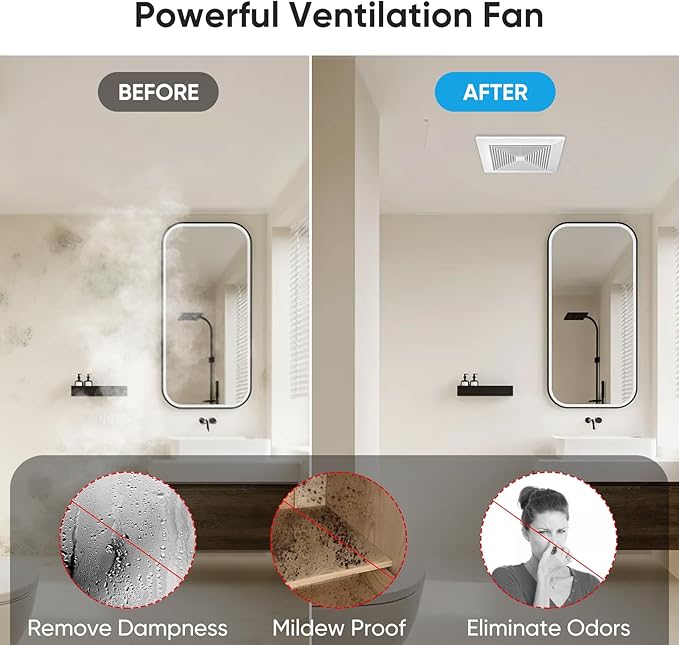 10 Inch Bathroom Exhaust Fan, 160 CFM 1.0 Sones Square Ultra Quiet Bathroom Vent Fan for Ceiling Mount, 110V-220V Bath Vent Extractor for 10.03" Ceiling Opening - Image 6