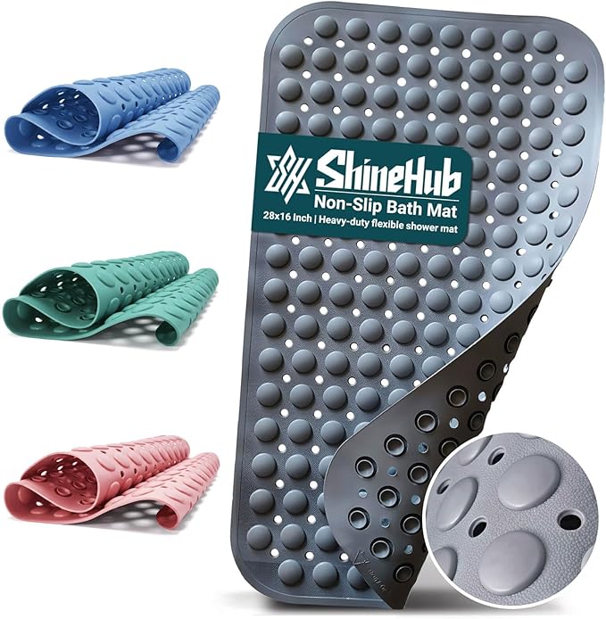 Non-Slip Bath Mat for Tub Shower, TPE Machine Washable Bathroom Essentials with Suction Cups, Quick-Dry 28x16 inch (Mist Pine Gray) by Unknown