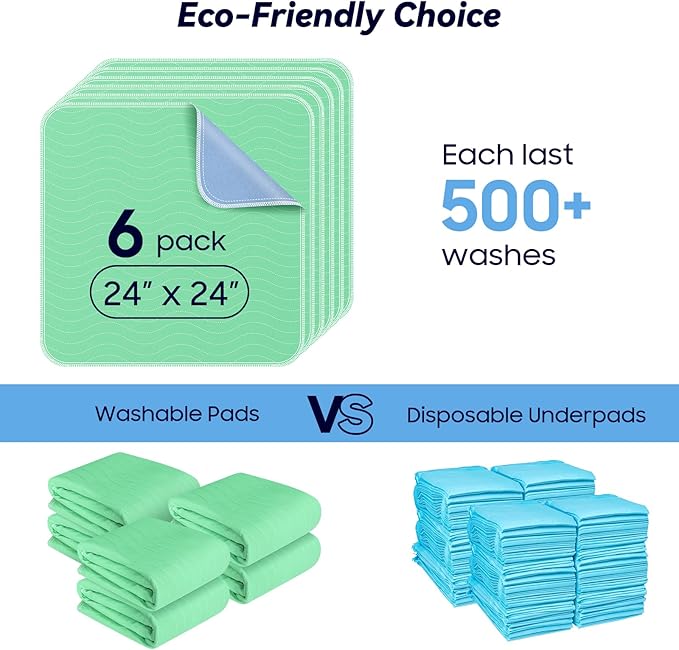 6 Pack 24” x 24” Extra Heavy Absorbency Washable Underpads, Waterproof Nursing Pads Incontinence Bed Pads, Reusable Washable Pee Pads for Dogs, Diaper Changing & Adults, Washable Puppy Pads - Image 6