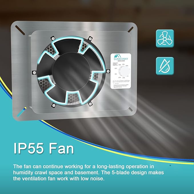 Stainless Steel Crawl Space Vent Fan - 570 CFM Air Out Ventilation Fan with Humidistat Dehumidistat, IP55 Exhaust Fan with Metal Fan Cage for Crawlspace Foundation Basements Garage Attic - Image 3
