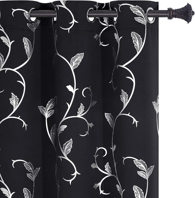 BUHUA Small Window Blackout Curtains with Silver Vine Print Pattern Black Blackout Curtains for Kitchen Window 38W×45L Black Set of 2 by BUHUA
