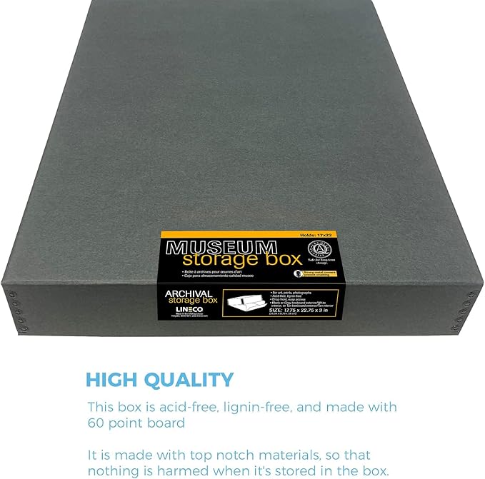 Lineco Museum Archival Storage Box, 17.75x22.75x3 in. Drop Front Design. Acid-Free with Metal Edge. Organize Photos, Pictures, Prints, Documents, Crafts, DIY. Gray, 1 Pack - Image 3