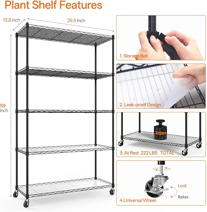 Bstrip Plant Shelf with Grow Light with Timer, Metal Plant Stand with Adjustable Rack and Wheels, 4 Pack 24W Full Spectrum Grow Light Strip for Indoor Plants, Seed Starting, 35.4"x13.8"x59" - Image 8