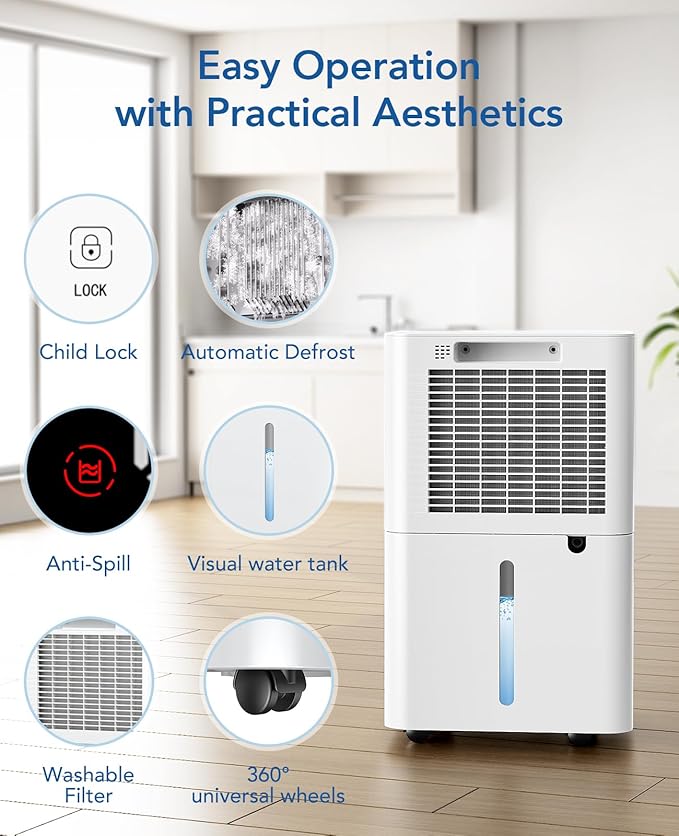 2500 Sq.Ft Dehumidifier for Basement with Drain Hose Max 34 Pints, Dehumidifiers for Home Large Room Bathroom Bedroom, 3 Modes, Smart Humidity Control, Auto Defrost, 24H Timer, Sleep Mode - Image 6