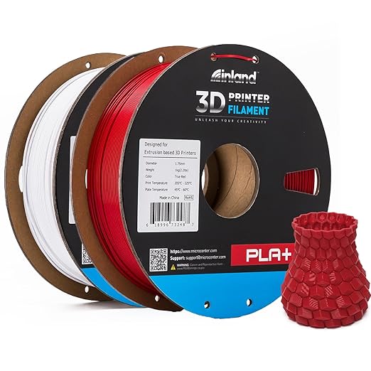 INLAND Micro Center PLA+ 3D Printing Filament 1.75mm - PLA Pro Dimensional Accuracy +/- 0.03 mm - 1kg Cardboard Spool (2.2 lbs) (2 Pack White & True Red, 1.75mm) - Image 2