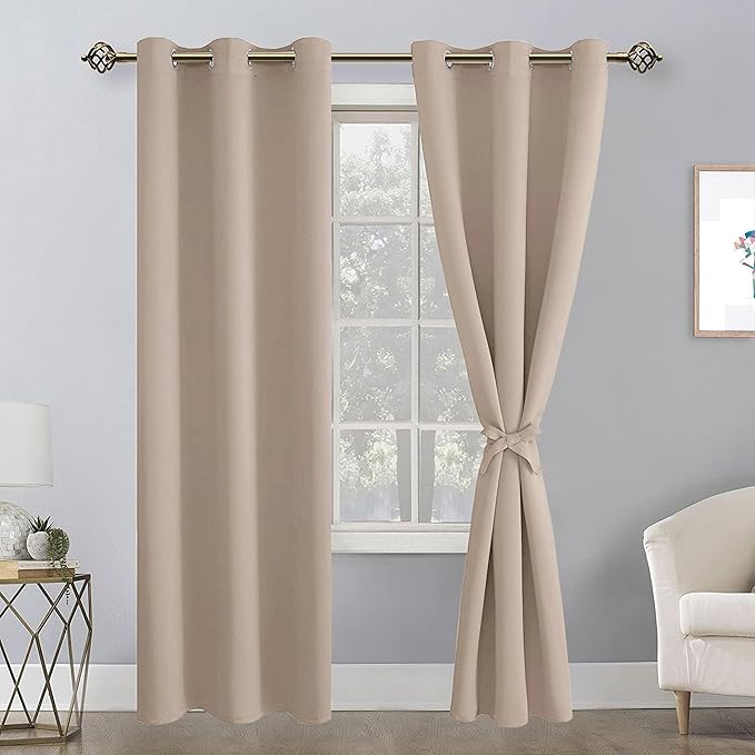 Hiasan Blackout Curtains for Bedroom, 42 x 84 Inches Long - Thermal Insulated & Light Blocking Window Curtains for Living Room/Kids Room, 2 Drape Panels Sewn with Tiebacks, Camel - Image 2
