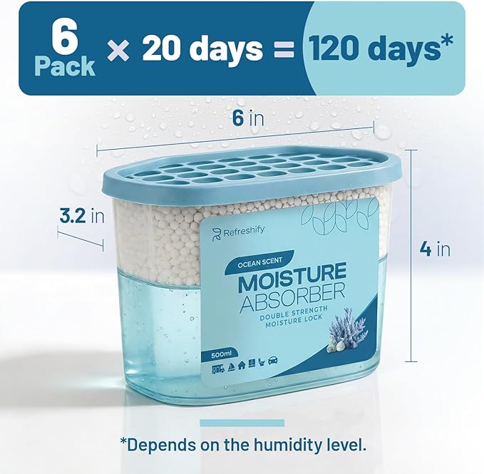 Premium Moisture Absorbers and Dehumidifier Tubs – High-Efficiency Closet Dehumidifier, Ocean Scent, 6 Pack, 7.5 Oz - Image 8