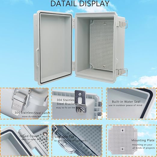 Waterproof Junction Box, ABS Plastic Electrical Box with Stainless Steel Latch, Hinged Cover Electric Project Enclosure Box with Mounting Plate, Wall Brackets & Cable Gland 8.7"x6.7"x4.3" - Image 3