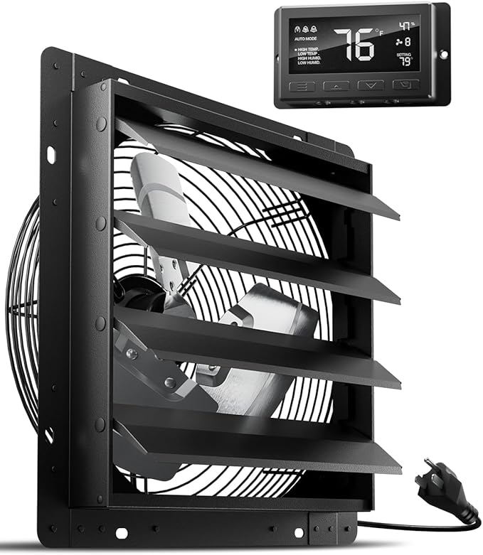 HG Power 14 Inch Attic Fan with Thermostat, Shutter Exhaust Fan with Smart Temperature Humidity Controller, Wall Mounted Greenhouse Fan with EC Motor for Garage, Shed Ventilation, Black by HGPOWER