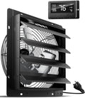HG Power 14 Inch Attic Fan with Thermostat, Shutter Exhaust Fan with Smart Temperature Humidity Controller, Wall Mounted Greenhouse Fan with EC Motor for Garage, Shed Ventilation, Black by HGPOWER