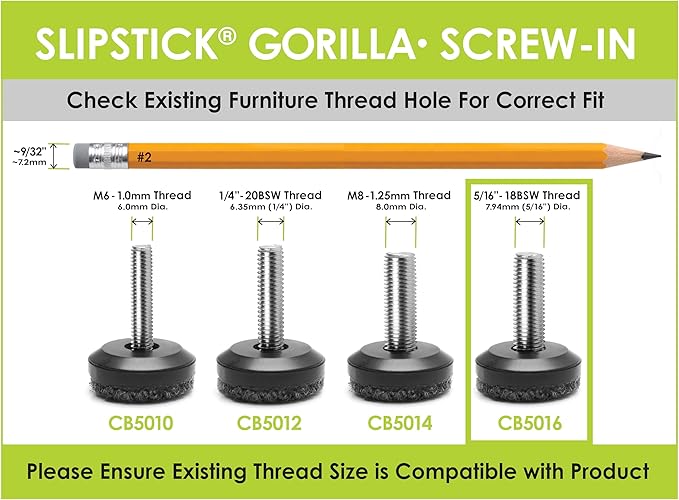 Slipstick Gorilla Outdoor Adjustable Furniture Levelers (8 Pack) Weatherproof Screw in Leg Glides for Chairs, Tables, and Outdoor Furniture Feet, 1-1/8 Inch Berber Glide, 5/16”-18 BSW Thread - Image 6