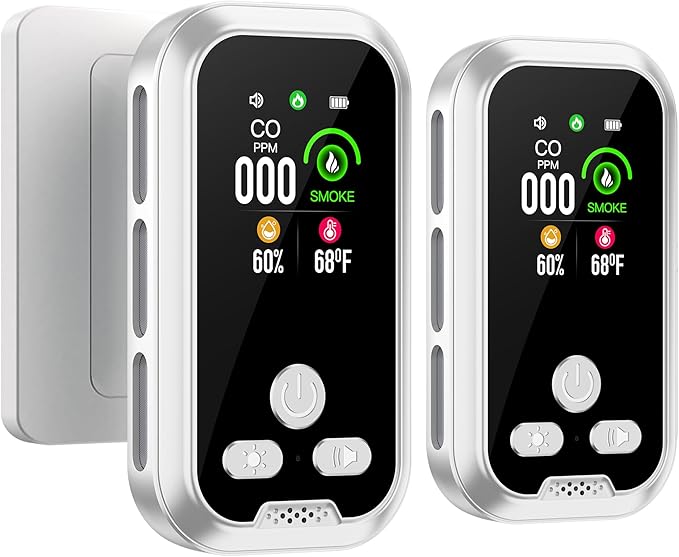 2-Pcs 4IN1 Plug in Smoke & Carbon Monoxide Detector Combination Builti-in 2000 mAh Backup Battery HD Screen [Smoke CO Temp Humidity Sensor] Alarm for Home Travel Hotel Indoor (White) by HAKINAKU