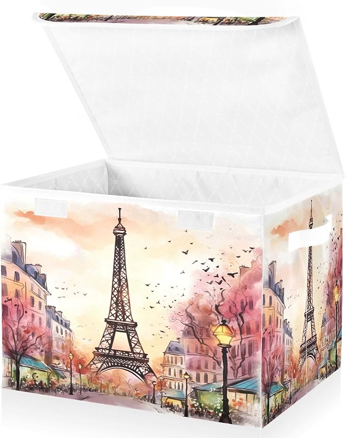 xigua Watercolor Paris Storage Bins with Lids and Carrying Handle,Foldable Storage Boxes Organizer Containers Baskets Cube with Cover for Home Bedroom Closet Office - Image 2