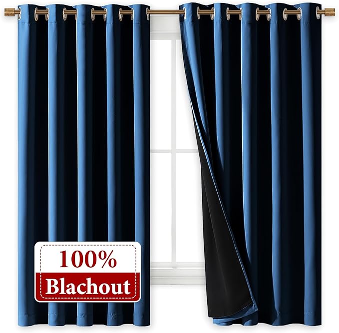 NICETOWN 100% Blackout Curtains with Black Liners, Thermal Insulated Full Blackout 2-Layer Lined Drapes, Energy Efficiency Window Draperies for Bedroom (Moroccan Blue, 2 Panels, 70" W by 63" L) - Image 2