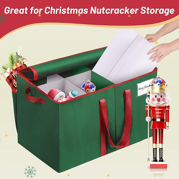 Nutcracker and Figurine Collectibles Storage Box， Large Ornament Storage Organizer Stores Up to 8 Holiday Figurines-Carolers, Santa Figure, or Nut Cracker Ornaments (Green/15 Inches) - Image 5