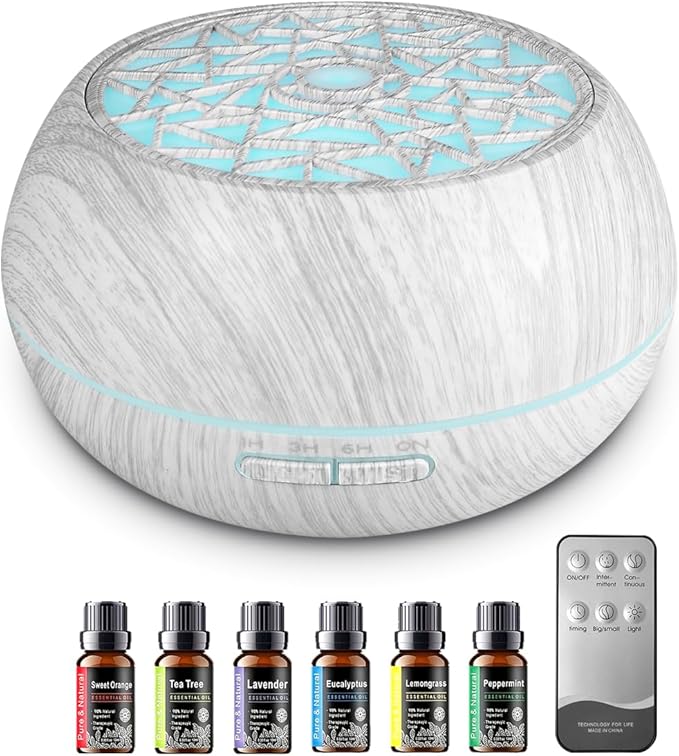 550ml Large Capacity Essential Oil Diffuser 6 Essentil Oil Set Aromatherapy Ultrasonic Air Humidifier with Timer and 7 Color LED Night Light Remote Control Waterless Auto-Off White Wood Grain by Unknown